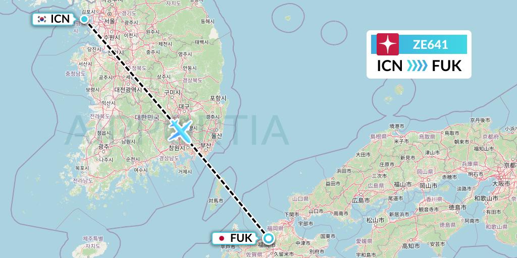 ZE641 Eastar Jet Flight Map: Seoul to Fukuoka