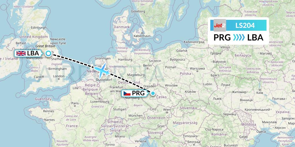 LS204 Jet2 Flight Map: Prague to Leeds