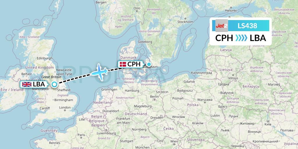 LS438 Jet2 Flight Map: Copenhagen to Leeds