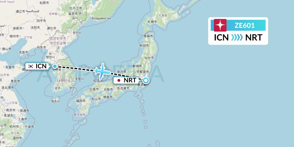 ZE601 Eastar Jet Flight Map: Seoul to Tokyo