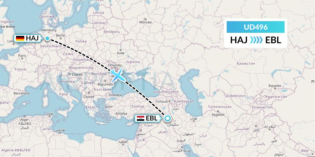 UD496 UR Airlines Flight Map: Hannover to Arbil