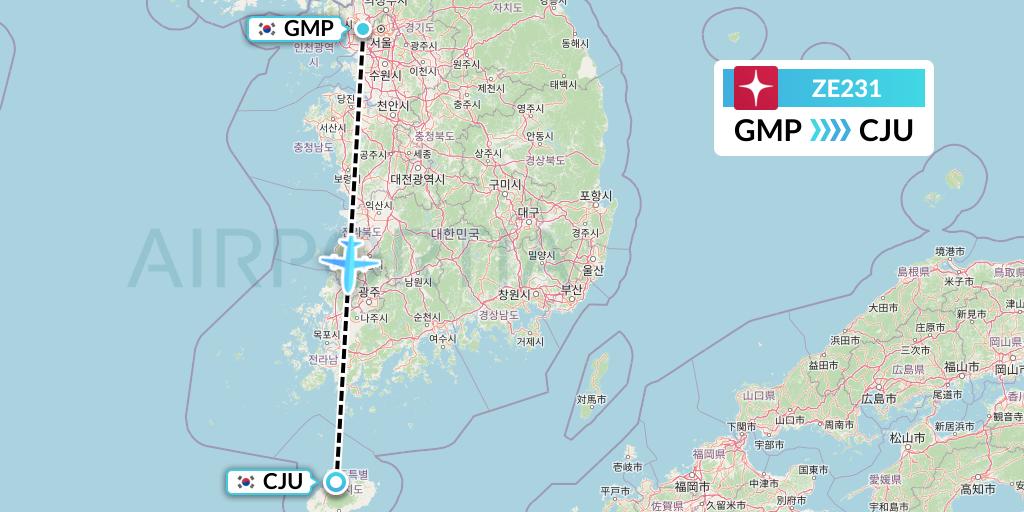 ZE231 Eastar Jet Flight Map: Seoul to Jeju