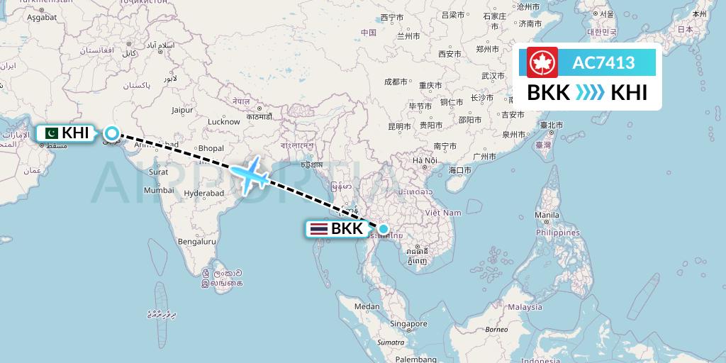 AC7413 Air Canada Flight Map: Bangkok to Karachi