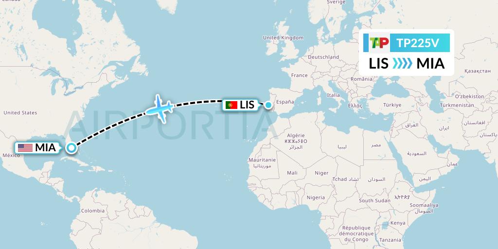 TP225V TAP Portugal Flight Map: Lisbon to Miami