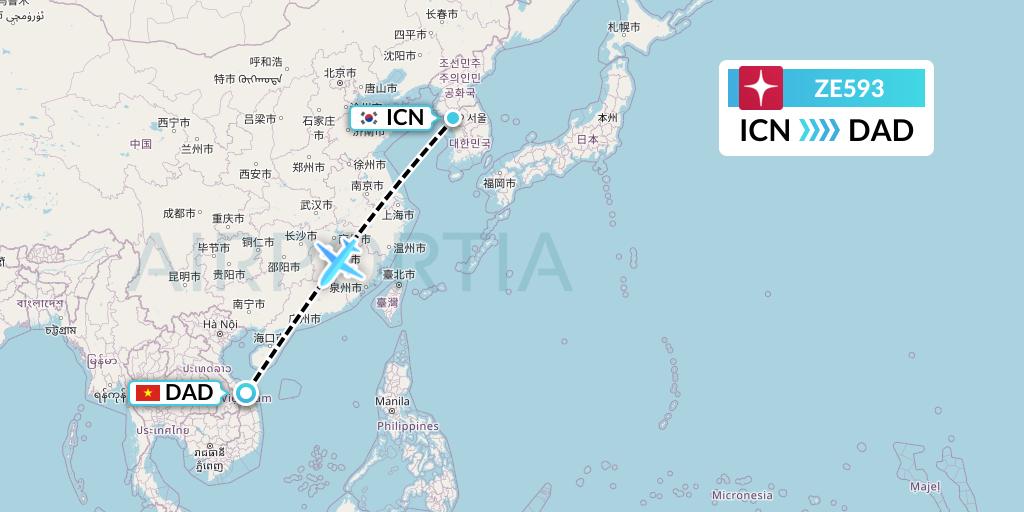 ZE593 Eastar Jet Flight Map: Seoul to Da Nang