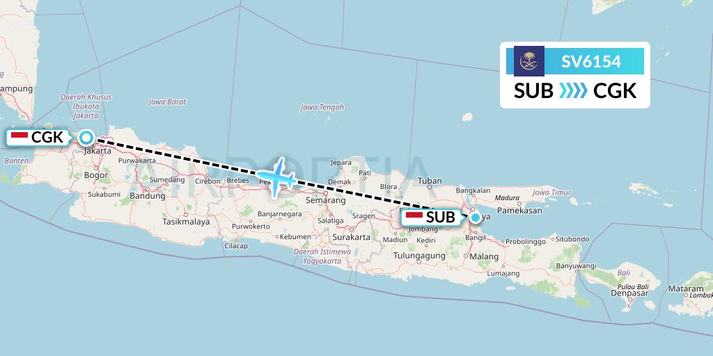 SV6154 Saudi Arabian Airlines Flight Map: Surabaya to Jakarta