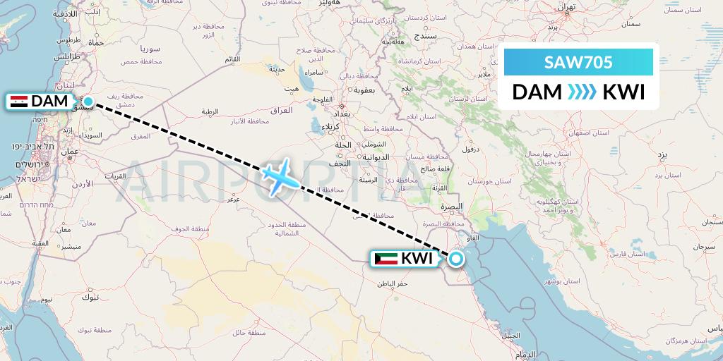 SAW705 Cham Wings Airlines Flight Map: Damascus to Kuwait City