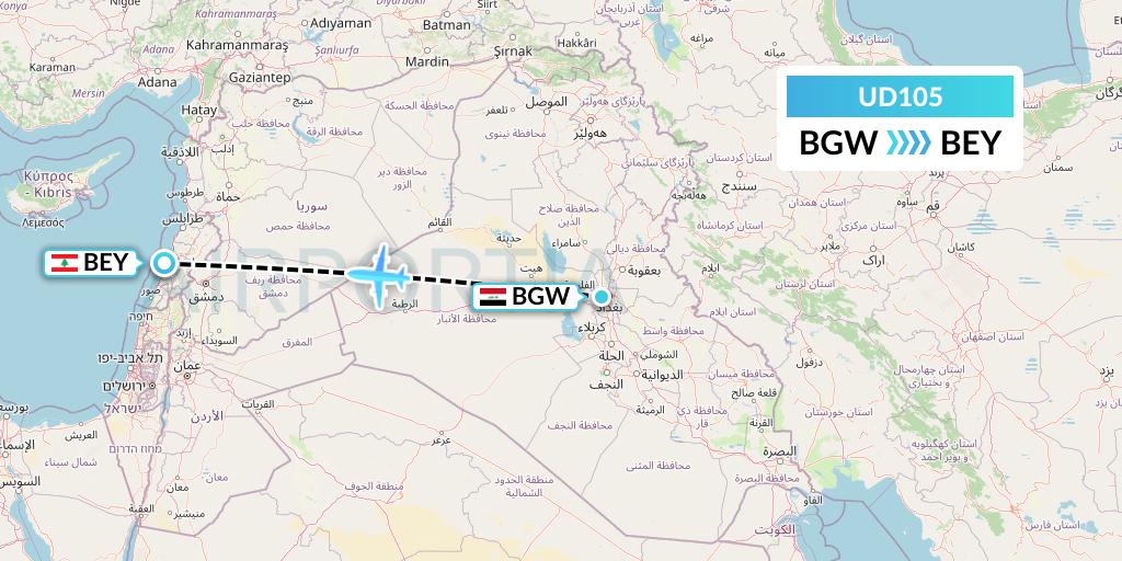 UD105 UR Airlines Flight Map: Baghdad to Beirut