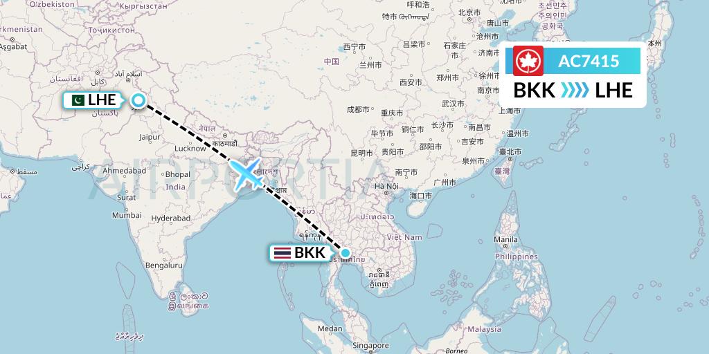 AC7415 Air Canada Flight Map: Bangkok to Lahore