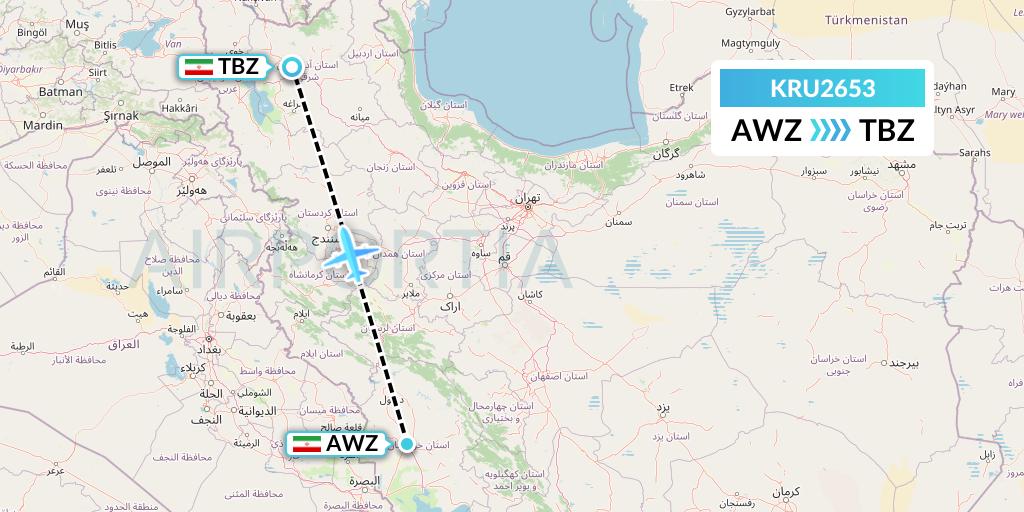 KRU2653 Karun Airlines Flight Map: Ahvaz to Tabriz