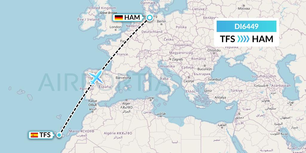 DI6449 Marabu Airlines Flight Map: Tenerife to Hamburg