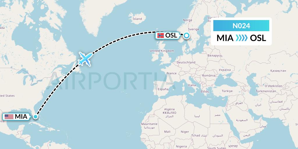 N024 Norse Atlantic Airways Flight Map: Miami to Oslo