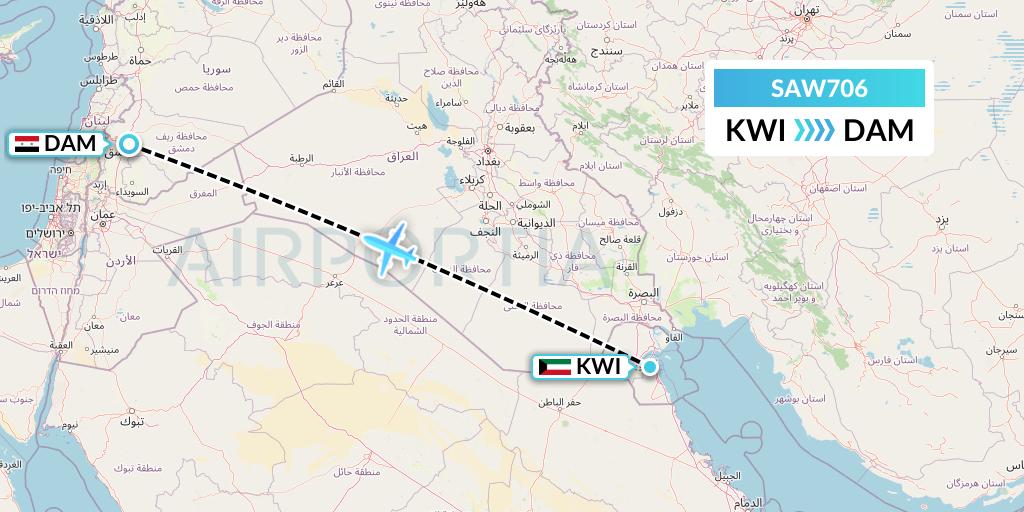 SAW706 Cham Wings Airlines Flight Map: Kuwait City to Damascus