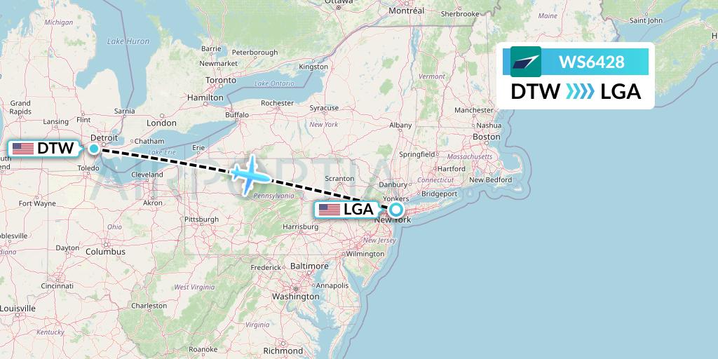 WS6428 WestJet Flight Map: Detroit to New York