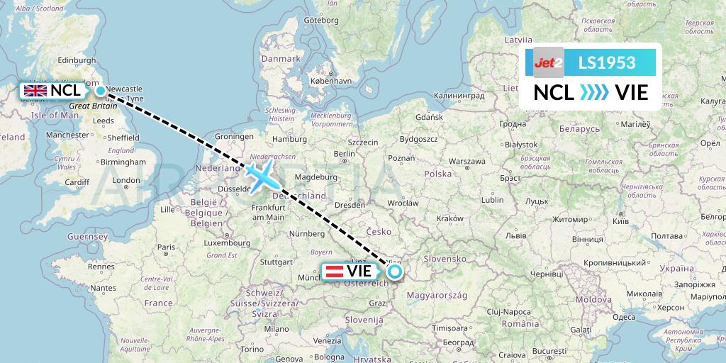 LS1953 Jet2 Flight Map: Newcastle to Vienna