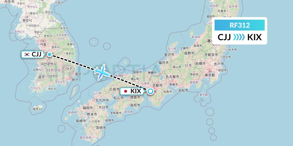 RF312 Aero K Airlines Flight Map: Cheongju to Osaka