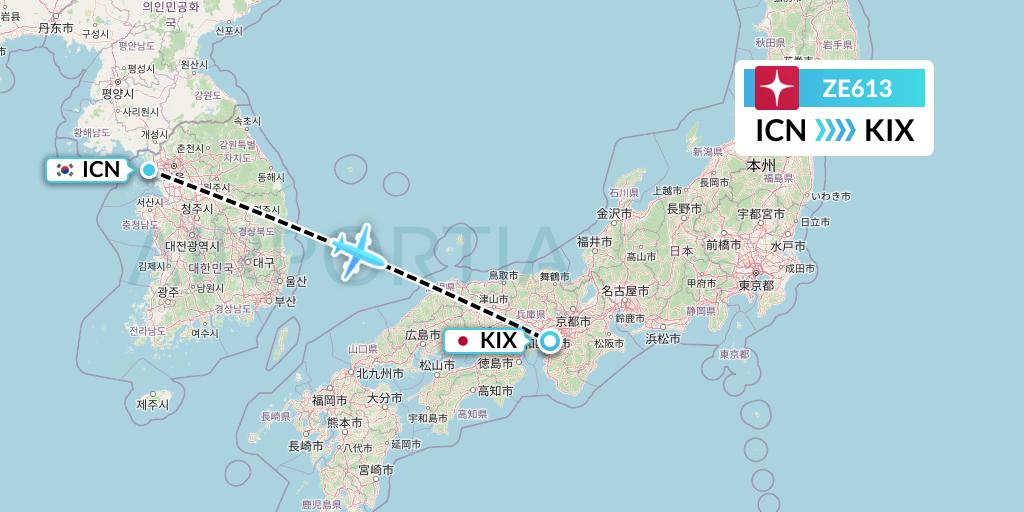 ZE613 Eastar Jet Flight Map: Seoul to Osaka