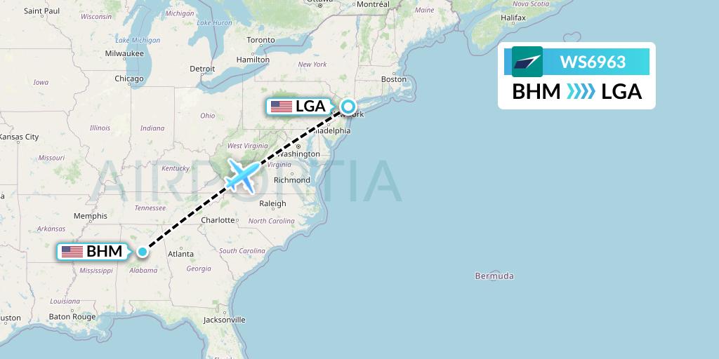 WS6963 WestJet Flight Map: Birmingham to New York