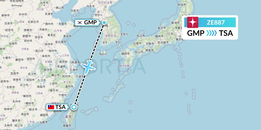 ZE887 Eastar Jet Flight Map: Seoul to Taipei