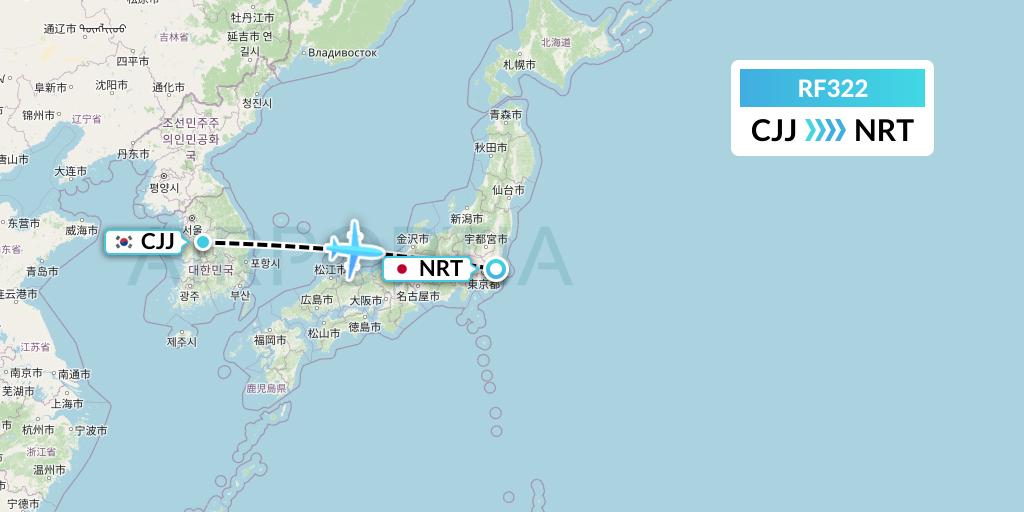 RF322 Aero K Airlines Flight Map: Cheongju to Tokyo