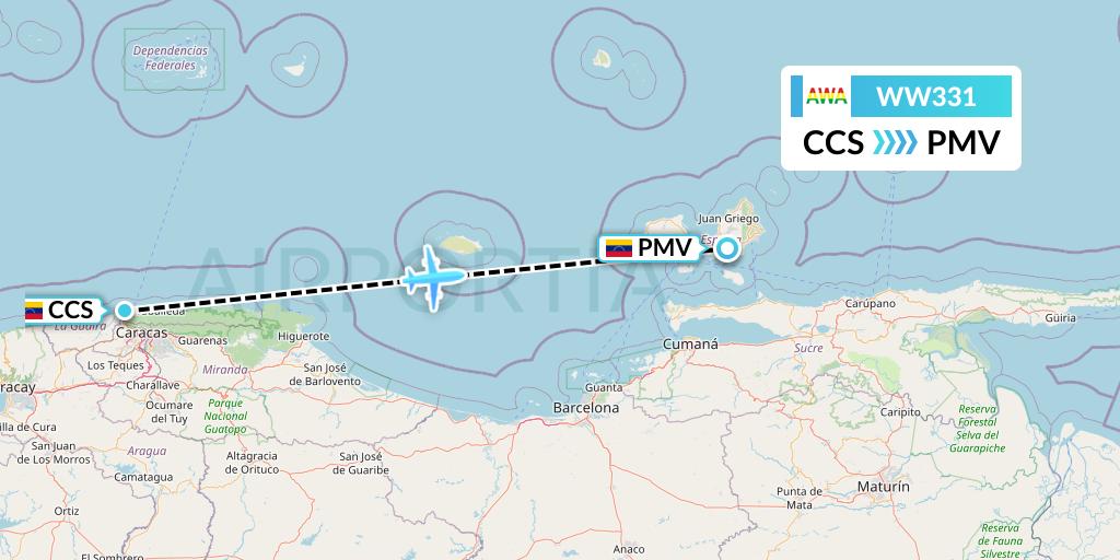 WW331 Venezolana Flight Map: Caracas to Porlamar