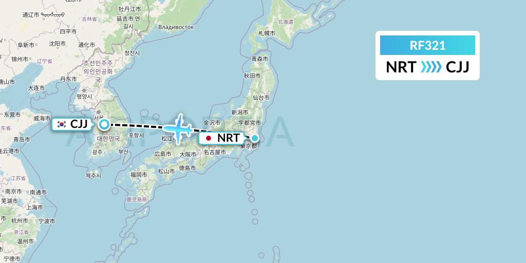 RF321 Aero K Airlines Flight Map: Tokyo to Cheongju