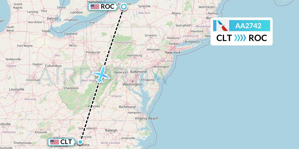 AA2742 American Airlines Flight Map: Charlotte to Rochester