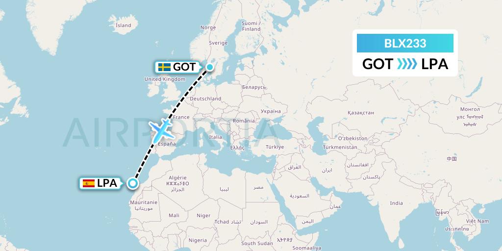 BLX233 TUI fly Nordics Flight Map: Gothenburg to Las Palmas