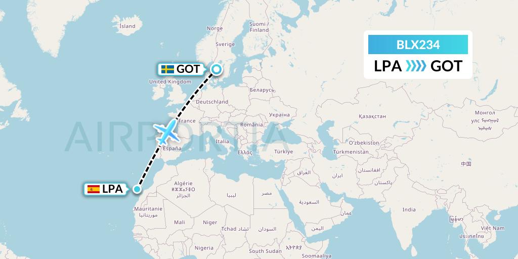 BLX234 TUI fly Nordics Flight Map: Las Palmas to Gothenburg