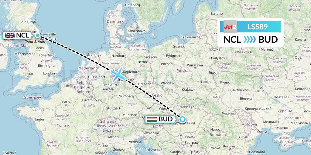 LS589 Jet2 Flight Map: Newcastle to Budapest