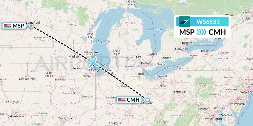 WS6533 WestJet Flight Map: Minneapolis to Columbus
