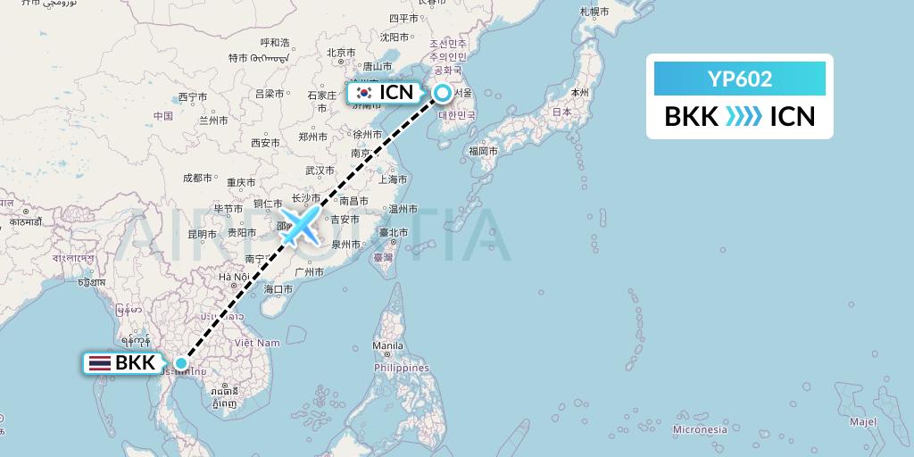 YP602 Air Premia Flight Map: Bangkok to Seoul