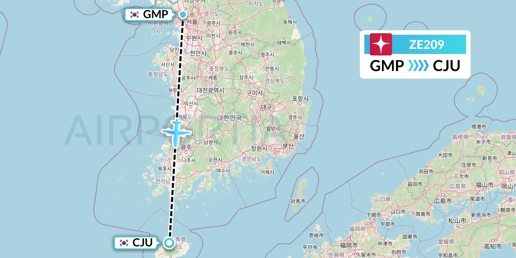 ZE209 Eastar Jet Flight Map: Seoul to Jeju