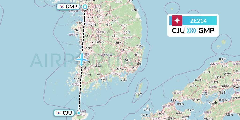 ZE214 Eastar Jet Flight Map: Jeju to Seoul