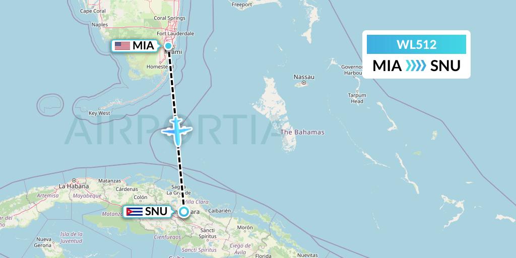 WL512 World Atlantic Airlines Flight Map: Miami to Santa Clara