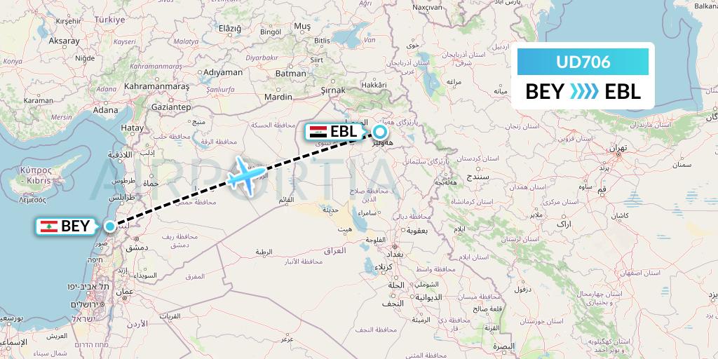 UD706 UR Airlines Flight Map: Beirut to Arbil