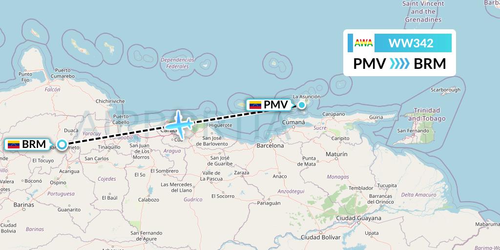 WW342 Venezolana Flight Map: Porlamar to Barquisimeto