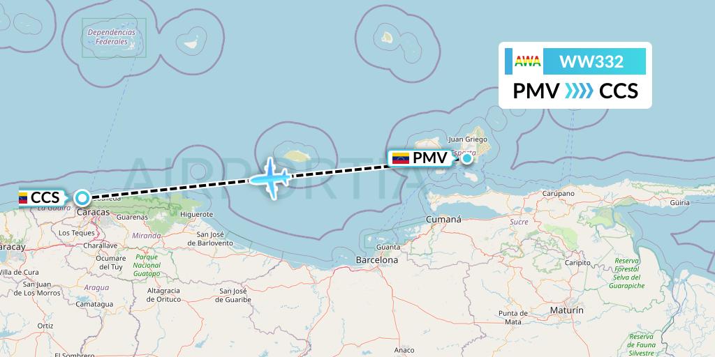 WW332 Venezolana Flight Map: Porlamar to Caracas