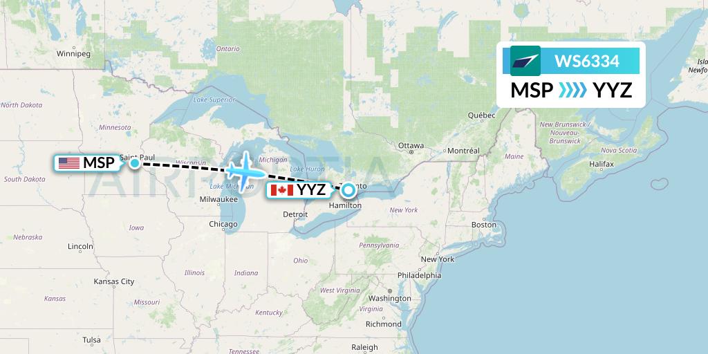 WS6334 WestJet Flight Map: Minneapolis to Toronto