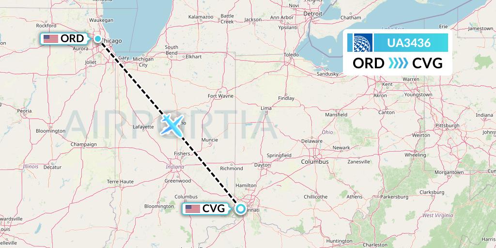 UA3436 United Airlines Flight Map: Chicago to Cincinnati