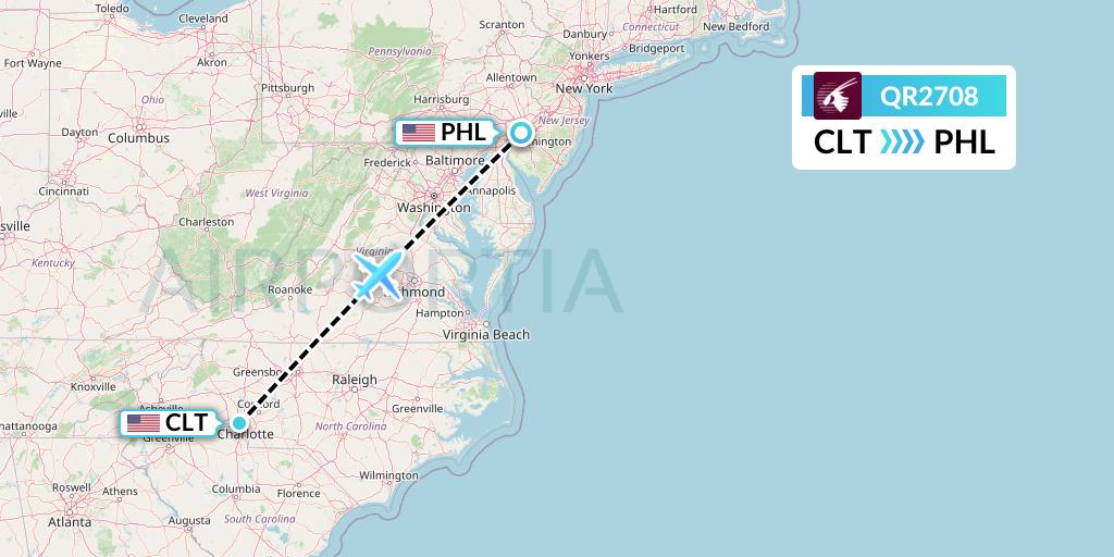 QR2708 Qatar Airways Flight Map: Charlotte to Philadelphia