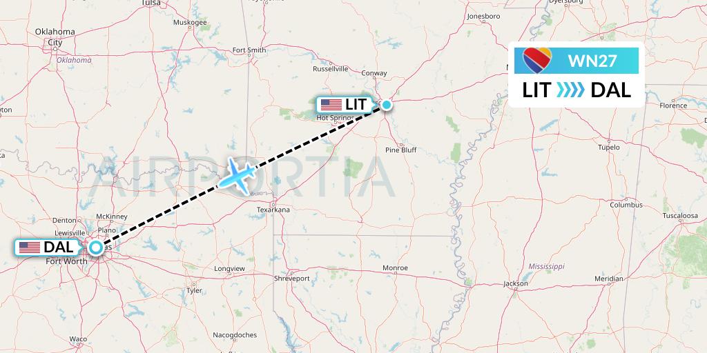 WN27 Southwest Airlines Flight Map: Little Rock to Dallas