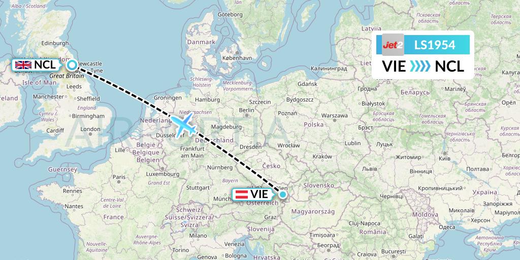 LS1954 Jet2 Flight Map: Vienna to Newcastle