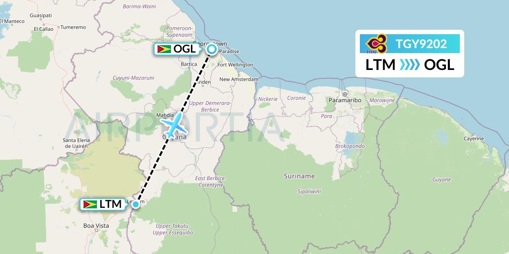 TGY9202 Trans Guyana Airways Flight Map: Lethem to Georgetown