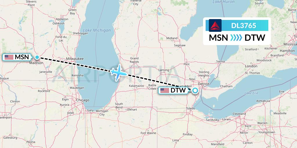 DL3765 Delta Air Lines Flight Map: Madison to Detroit