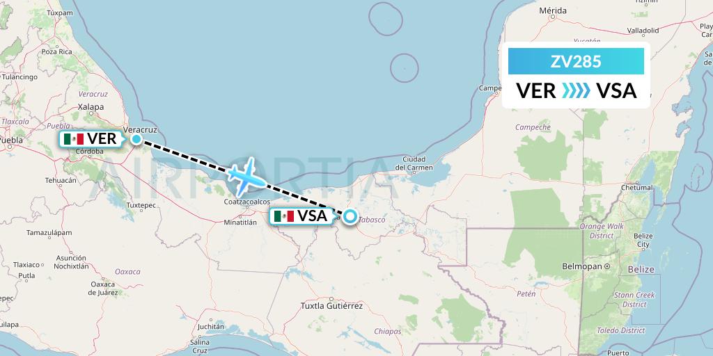 ZV285 Aerus Flight Map: Veracruz to Villahermosa