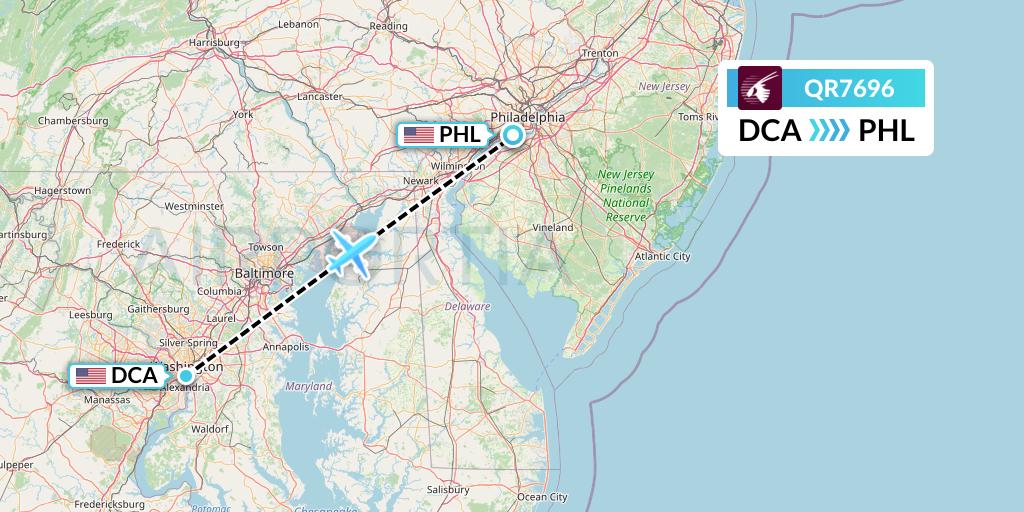 QR7696 Qatar Airways Flight Map: Washington to Philadelphia