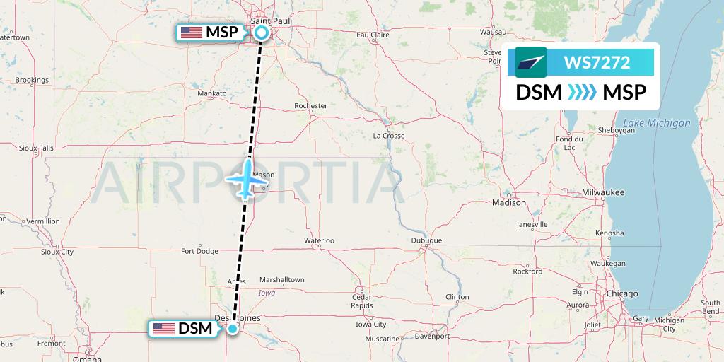 WS7272 WestJet Flight Map: Des Moines to Minneapolis