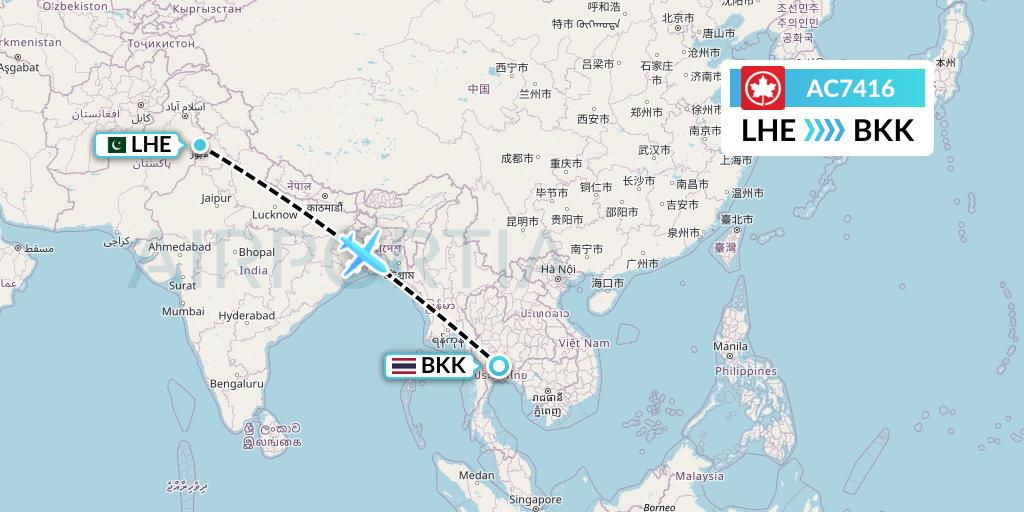 AC7416 Air Canada Flight Map: Lahore to Bangkok