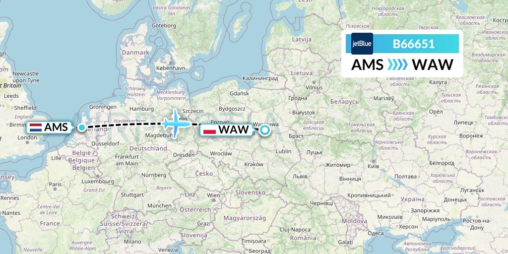 B66651 JetBlue Airways Flight Map: Amsterdam to Warsaw